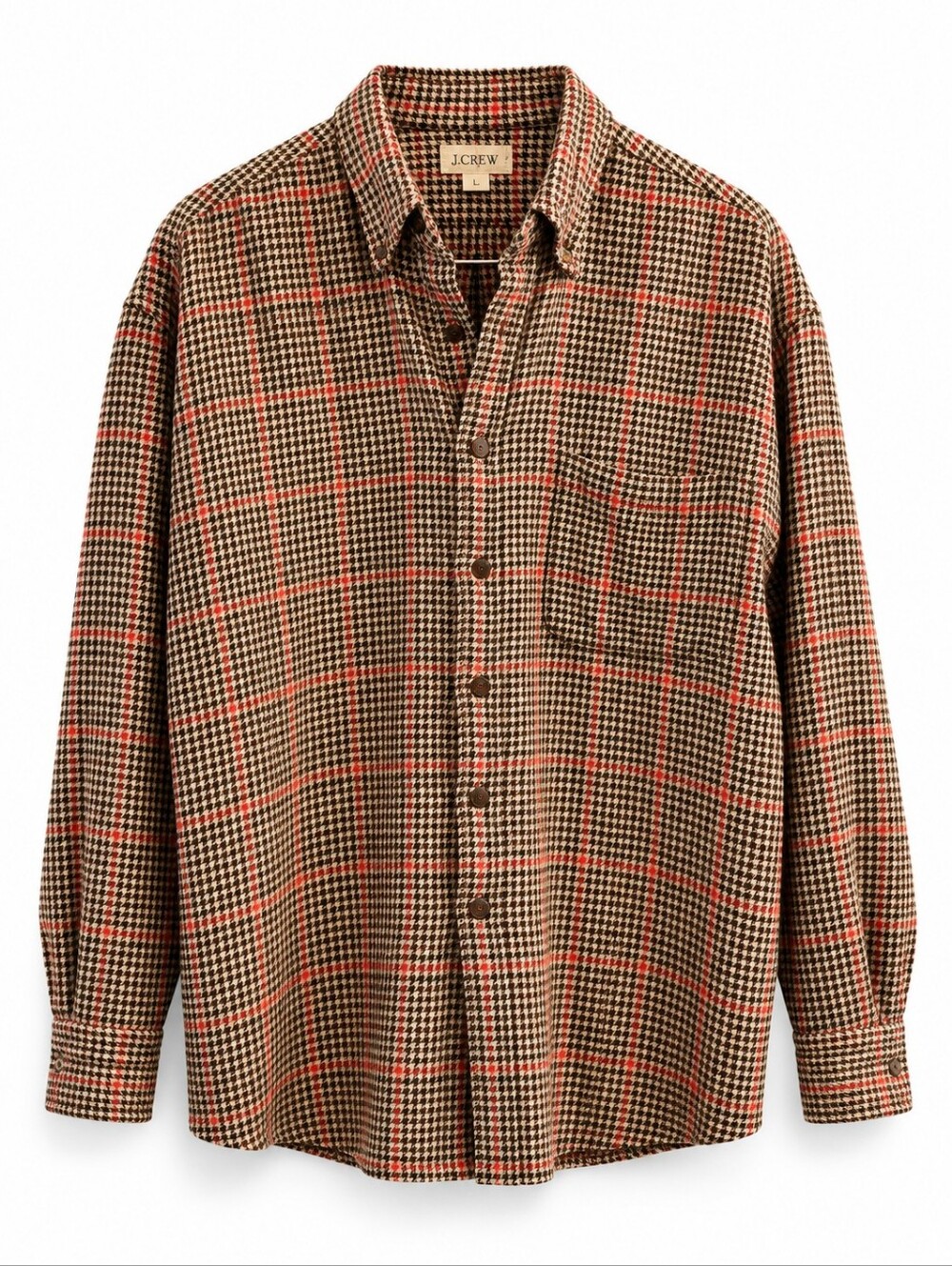 Vintage J.Crew Houndstooth Flannel Shirt Brown Red Plaid XL, Heritage, Preppy
